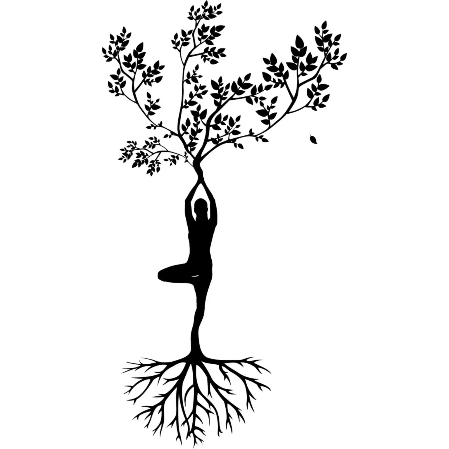 Silhouette of a dancer merging with a tree, roots below and branches above.